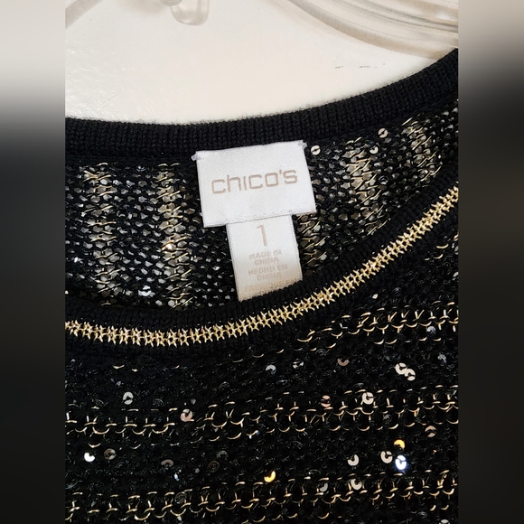 Women's Chicos Black Gold Silver SequenceStripe High Low Blouse Size One - Picture 2 of 9